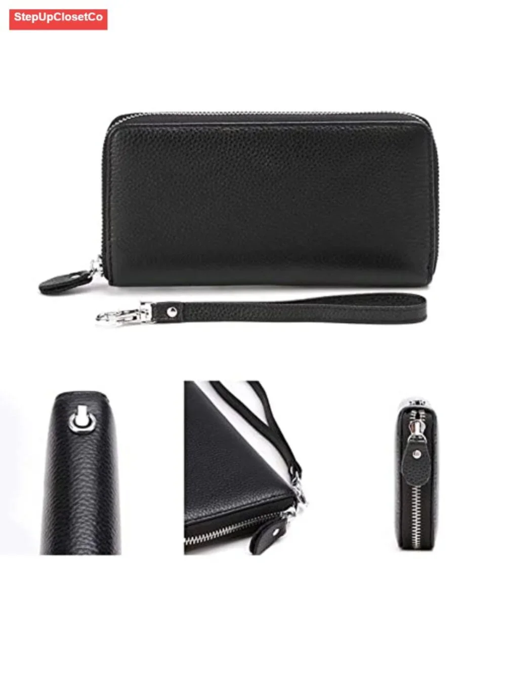 RFID Blocking Genuine Leather Zip Clutch Wristlet Wallet for Women